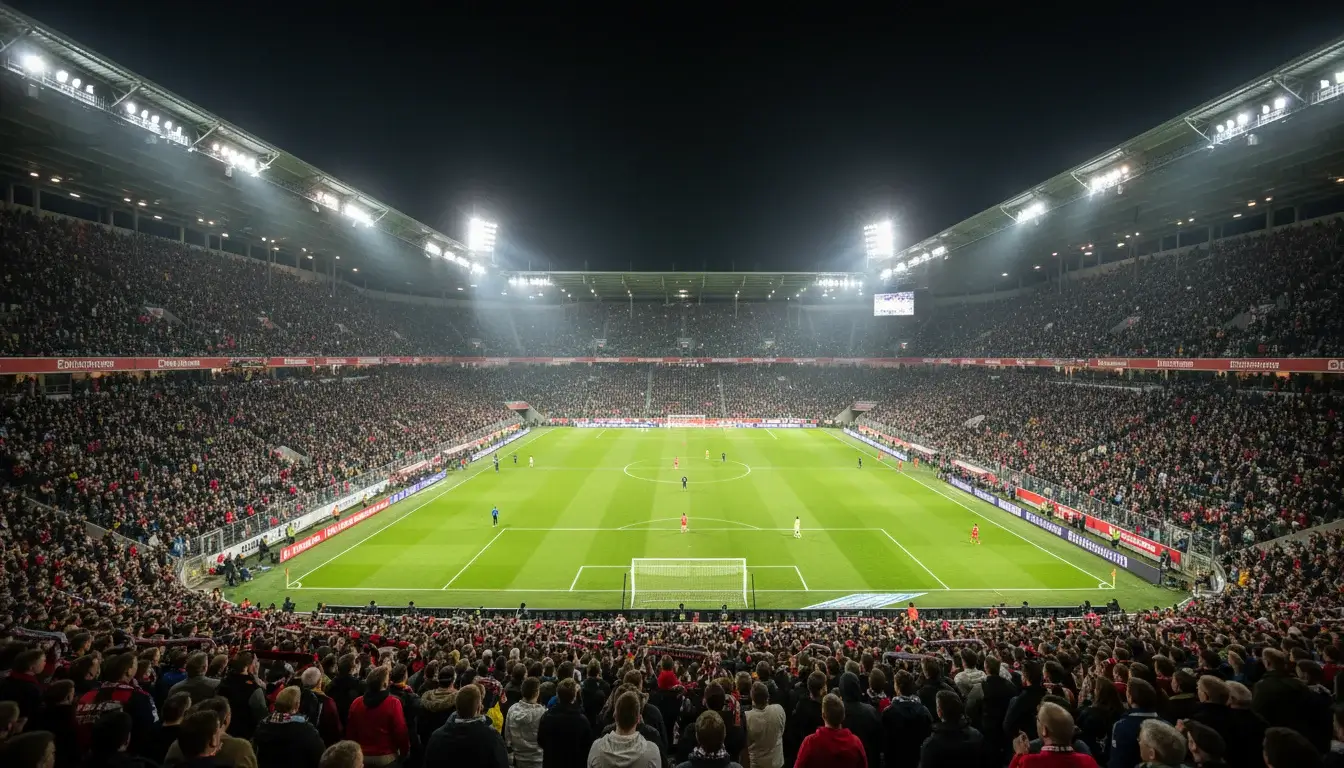 Volle Tribüne in einem Bundesliga-Stadion bei einem Abendspiel unter Flutlicht