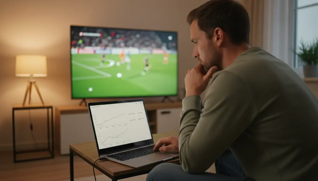 Mann analysiert Fußball-Statistiken am Laptop während eines Live-Spiels