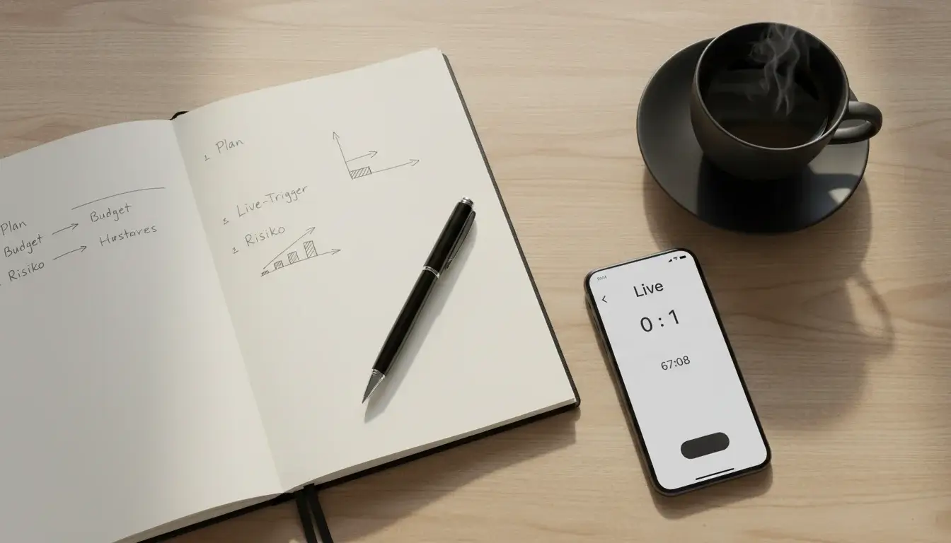 Notizbuch mit Wettstrategien und Stift neben einem Smartphone mit Live-Spielstand