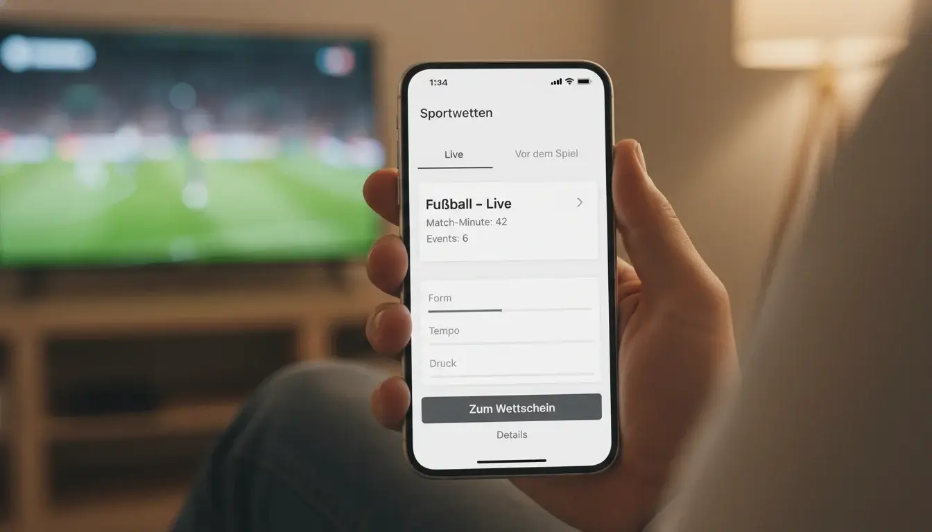Hand hält Smartphone mit Sportwetten-App während eines Fußballspiels im Hintergrund
